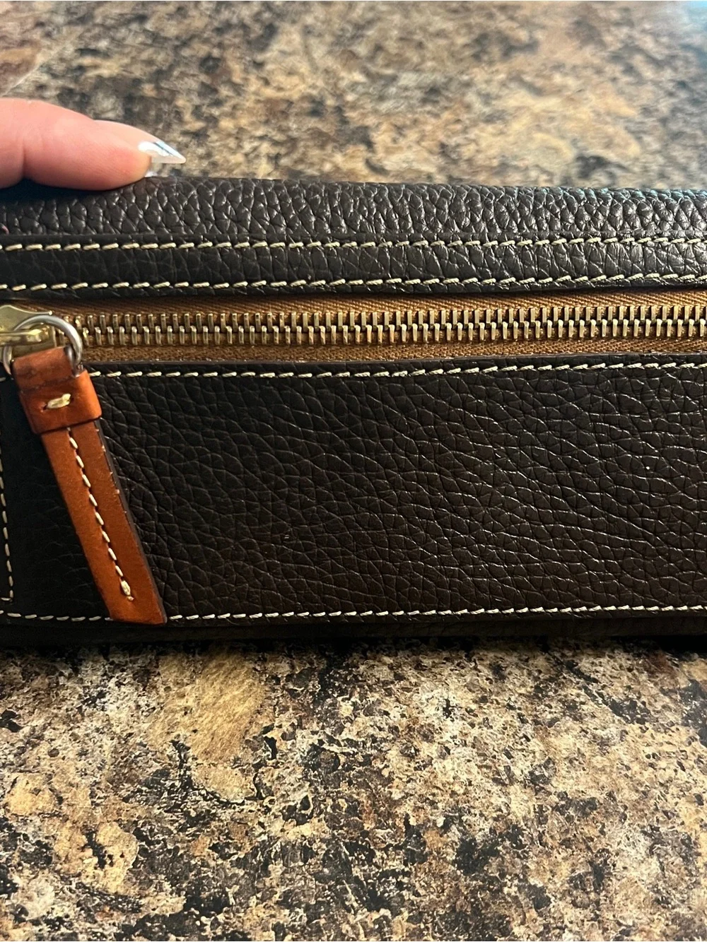Dooney & Bourke Dark Brown Pebbled Leather Wallet with Tan Trim